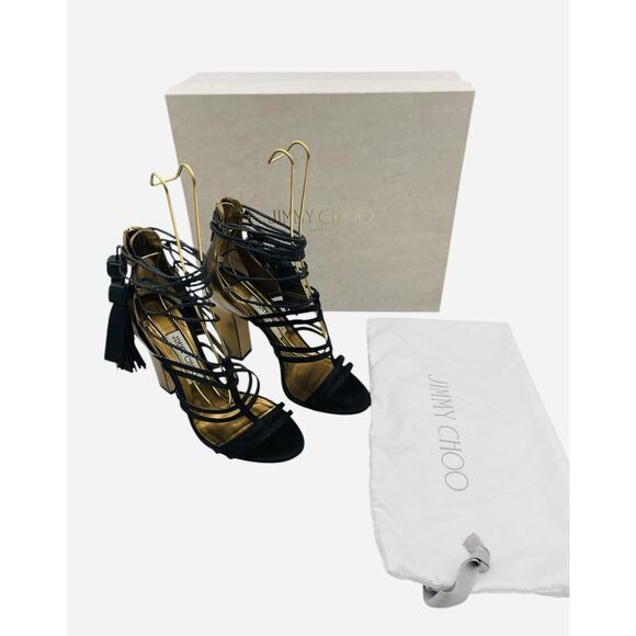 Jimmy Choo Diamond Black Satin Honey Gold Leather Sandals Tassels Heels Size 38 - Picture 1 of 13